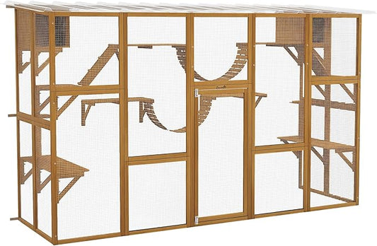 PawHut Catio Outdoor Cat Enclosure Window, Outdoor Cat House with Weather Protection Roof for Multiple Kitties, Wooden Frame, Shelves & Bridges, 118" x 37.5" x 74", Yellow