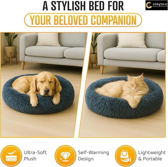 Anti-Anxiety Donut Pet Bed, Round Plush Faux Fur, Washable, Deep Blue, Small to Medium Dogs and Cats (Deep Blue, Large)