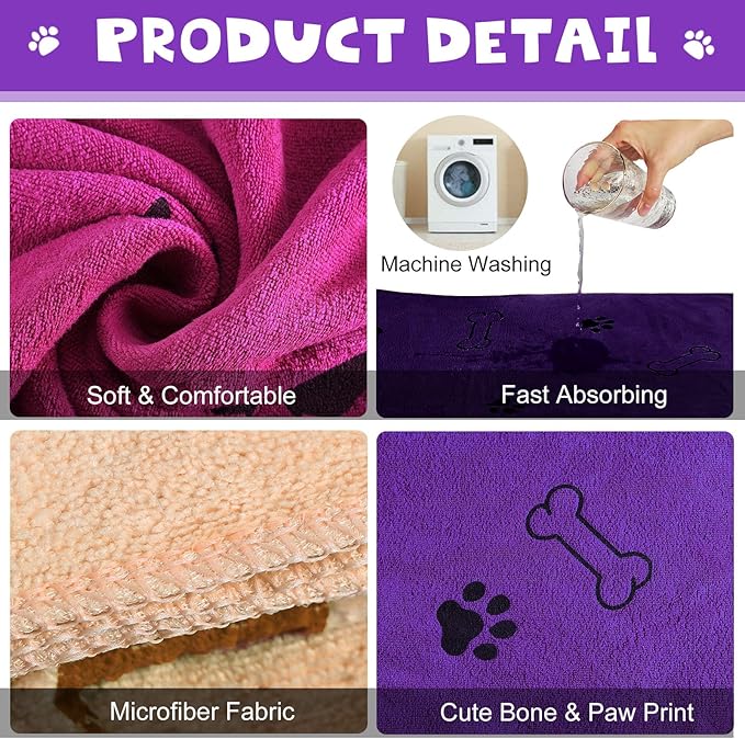Chumia 4 Pcs Dog Towels for Drying Dog Puppy Bulk Microfiber Absorbent Paw Towel Pet Bathing Supplies Quick Drying for Medium Cats Pets Shower(24 x 40 Inch,Dark Purple,Purple,Pink,Yellow)