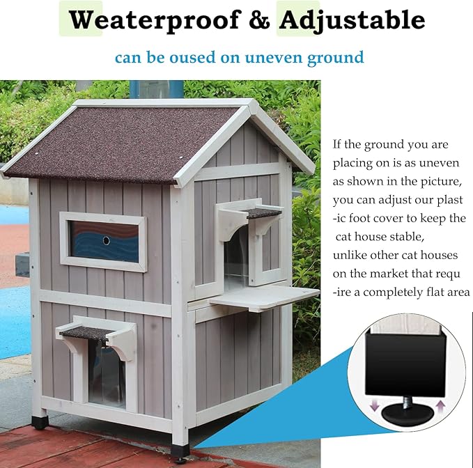 Rockever Outdoor Cat House, Large Outdoor Houses for Feral Cats Wooden Outside Cat Shelter Weatherproof with Escape Door