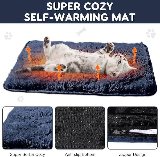 4 Pack Self Warming Cat Bed Pad Self Heating Dog Mat with Fluffy Faux Fur Plush Cat Calming Bed Thermal Mat Washable Pet Pad Anti Slip Bottom for Outdoor Indoor Pets(Navy,16" X 20")