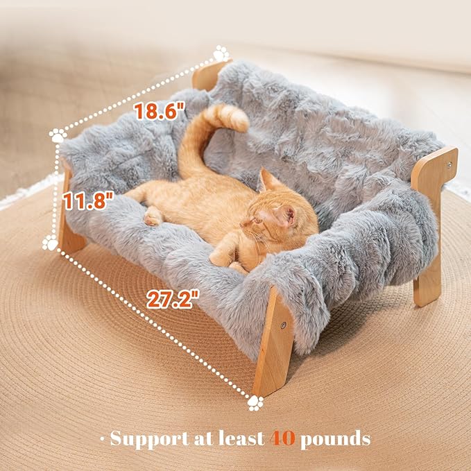 Elevated Cat Couch Bed for Indoor, Wooden Cats Sofa with Washable Fluffy Cover Raised Kitty Lounge Chair Suitable for Puppy(Cat Sofa Grey)