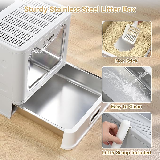 AiQInu Stainless Steel Cat Litter Box wtih Lid and Scoop- Up to 20 LBS, Foldable Large Enclosed Metal Litter Box with High Sided Enclosure for Big Cats - Anti Leakage No Smell, Easy Cleaning