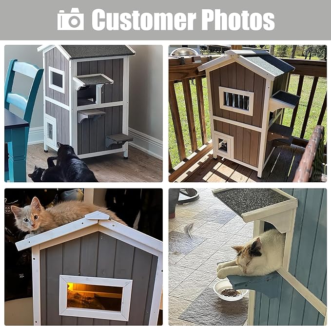 Outdoor Cat Shelter Weatherproof, Two Story Wooden Outside Feral Cat House with Openable Roof, Escape Door