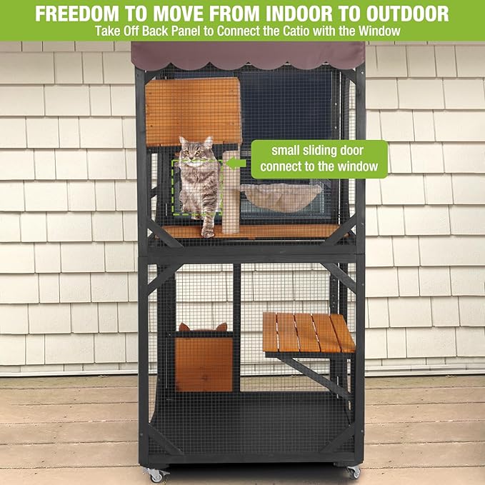 GUTINNEEN Cat House Outdoor Catio on Wheels 70.9" Cat Enclosure Perfect for 3-5 Cats,Waterproof Cover Kitty Shelter