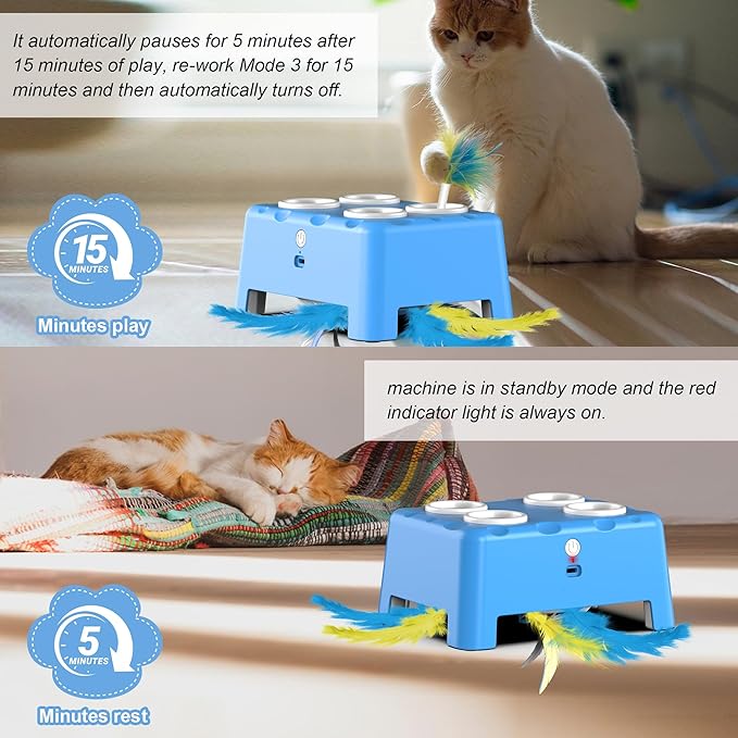 Cat Toys, Interactive Cat Toys, 2-in-1 Moving Concealed Feathers, 4 Holes Mice Whack A Mole Cat Kitten Toy Exercise Toys for Indoor Bored Adult Cats, USB Rechargeable Electronic Kitten Toys (Blue)