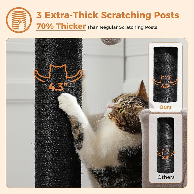 Cat Tree for Indoor Cats Adult, 45-Inch Heavy Duty Cat Tower with Sisal Scratching Ramp, 2 Cat Condo for Extra Large Cats, Big Top Perch, 3 Thick Black Scratching Posts (φ4.3) -Gray