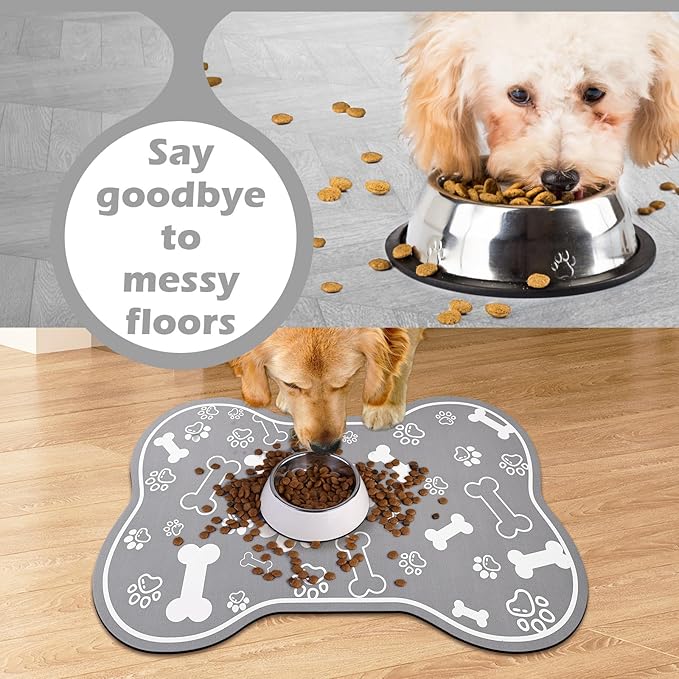 Dog Cat Food Mat,Rapid Absorbent Pet Feeding Mat, Bone Shaped Dog Placemat Water Bowl Mat with Rubber Backing,No Stains Dog Cat Food Mats Indoor, Pet Accessories Supplies 12"x18" Grey