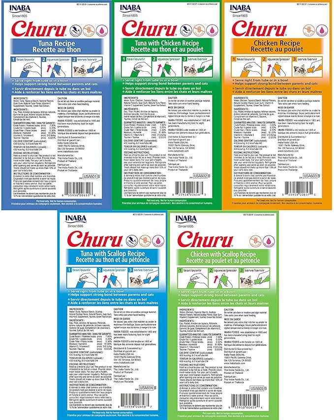 INABA Churu Lickable Creamy Purée Cat Treats 5 Flavor Variety Pack of 40 Tubes