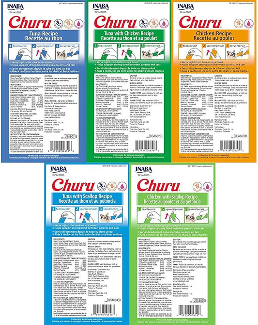 INABA Churu Lickable Creamy Purée Cat Treats 5 Flavor Variety Pack of 40 Tubes