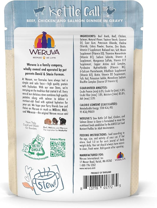 Weruva Classic Cat Stews!, Kettle Call with Beef, Chicken & Salmon in Gravy, 3oz Pouch (Pack of 12)