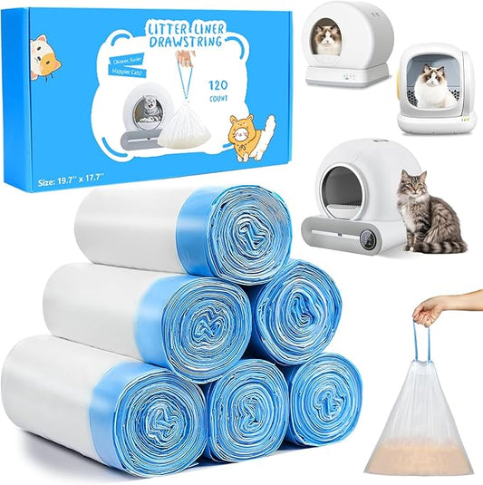 120 Count Cat Litter Box Liners Bags for MeoWant MW-SC01 / MW-SC02, Extra-Thick Cat Waste Bags for Self-Cleaning Litter Box, Drawstring Self Cleaning Trash Bags -17.7" x 19.68"