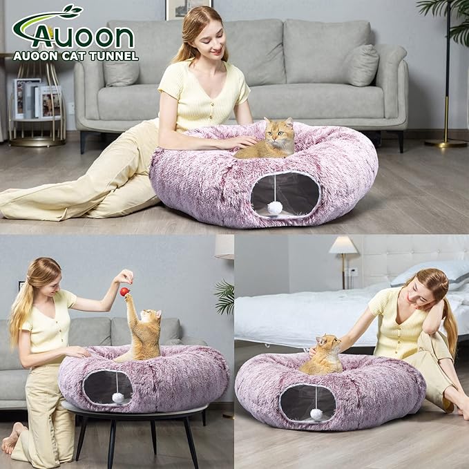 AUOON Cat Tunnel Bed for Indoor Cats - Circle Peekaboo Cat Cave with Washable Mat for Indoor Cats Kitten Kitty Puppy Rabbit Ferret (Rosiness)