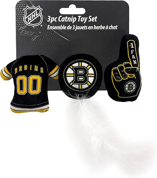 Best Plush CAT Toy: NHL Boston Bruins Complete Set of 3 Piece Cat Toys Filled with Fresh Catnip. Includes: 1 Jersey Cat Toy, 1 Hockey Puck Cat Toy with Feathers & 1#1 Fan Cat Toy. Beautiful Team Logo