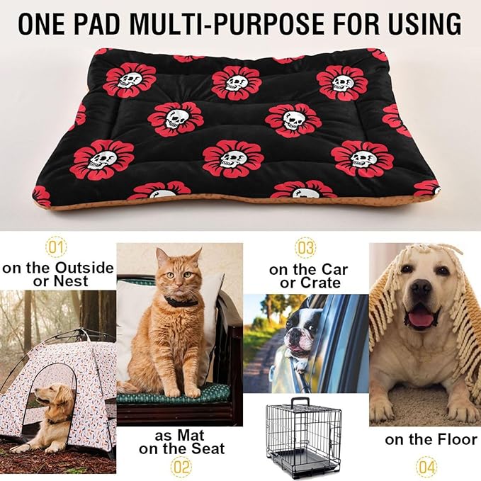 Pet Bed Gothic Skulls Flowers Dog Bed Mat Absorbing Non Slip Pad Pet Sleeping Mat for Small, Medium, and Large Dogs Puppy Cat 36 in x 24 in