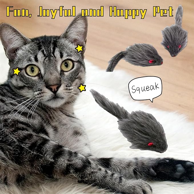 Cat Toys, 5 Pack Faux Fur Mouse Toys, Interactive Cat Toy 6.3” Realistic Size Grey Furry Rattle Mouse Without Catnip Kitten Cat Toy for Bored Indoor Adult Cat, Kitten Interactive Play