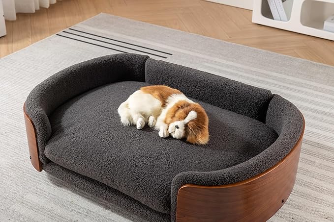 HomSof 38.58" Scandinavian Style Elevated Dog Cat Bed Pet Sofa with Solid Wood Legs and Bent Wood Back with Velvet Cushion,Large Size，Grey+Brown