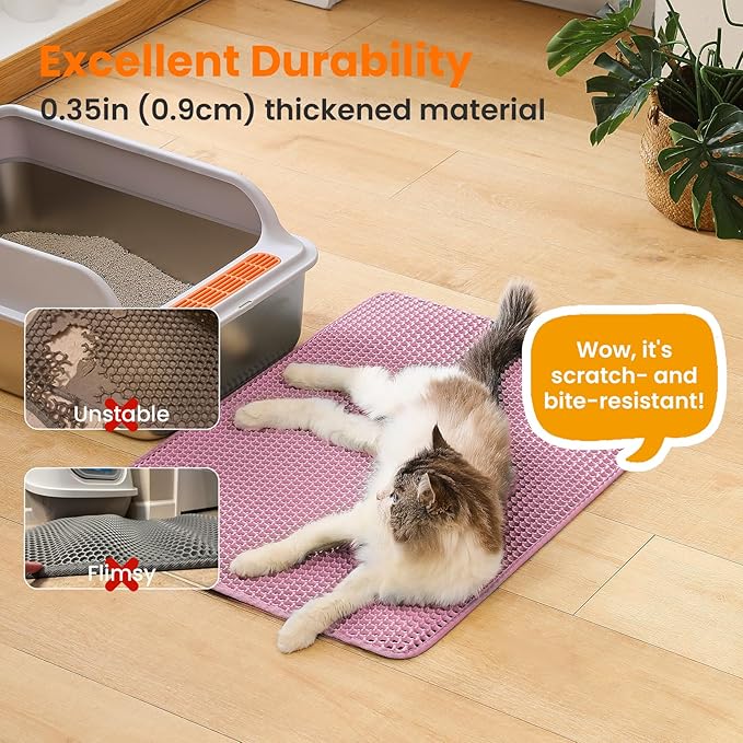 Extra Large Cat Litter Mat, 30x22 Inches Honeycomb Double Layer Cat Litter Trapping Mat, Non Slip Waterproof Urine Proof Large Kitty Litter Box Mat for Floor, Kitten Supplies, XL, Pink