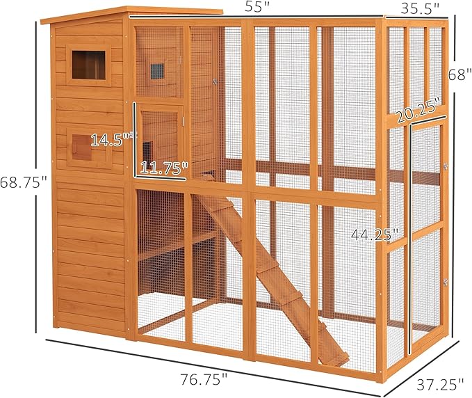 PawHut Catio Outdoor Cat Enclosure, Wooden Cat Patio with Platforms, Waterproof Asphalt Roof, Ramps, 77" L, Natural