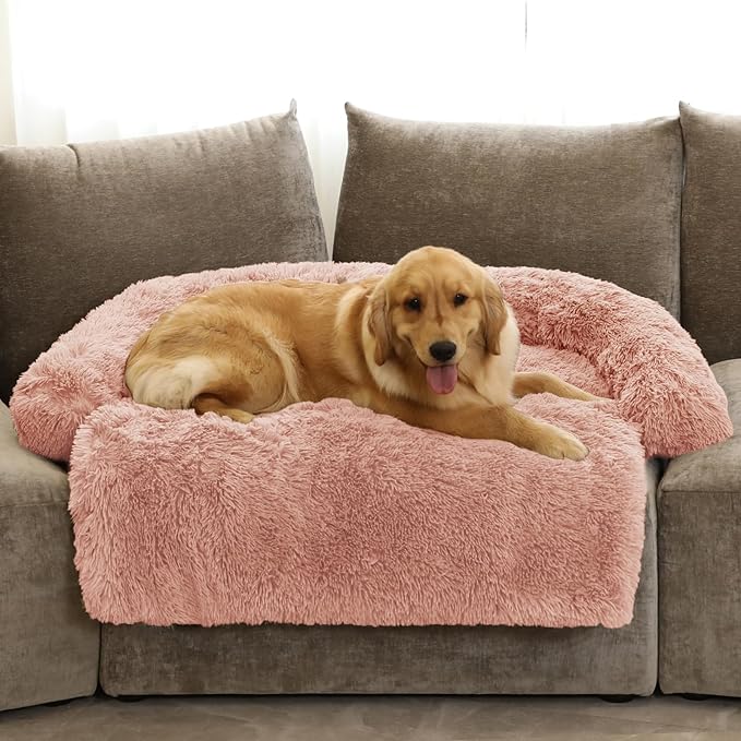 GGIB Calming Dog Bed Fluffy Plush Dog Mat for Furniture Protector with Removable Washable Cover for Large Medium Small Dogs and Cats (Extra Large (53x39.3x6), Pink)
