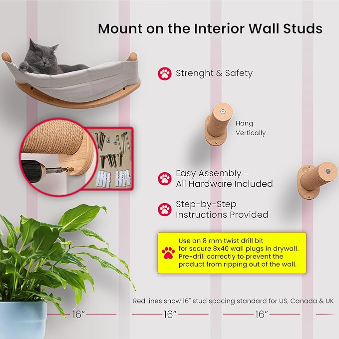 Cat Wall Shelves for Large Cats Set with Hammock, Steps & Scratching Pad - Solid Wood Mounted Climbing Furniture, Indoor Perch and Bed Wall System