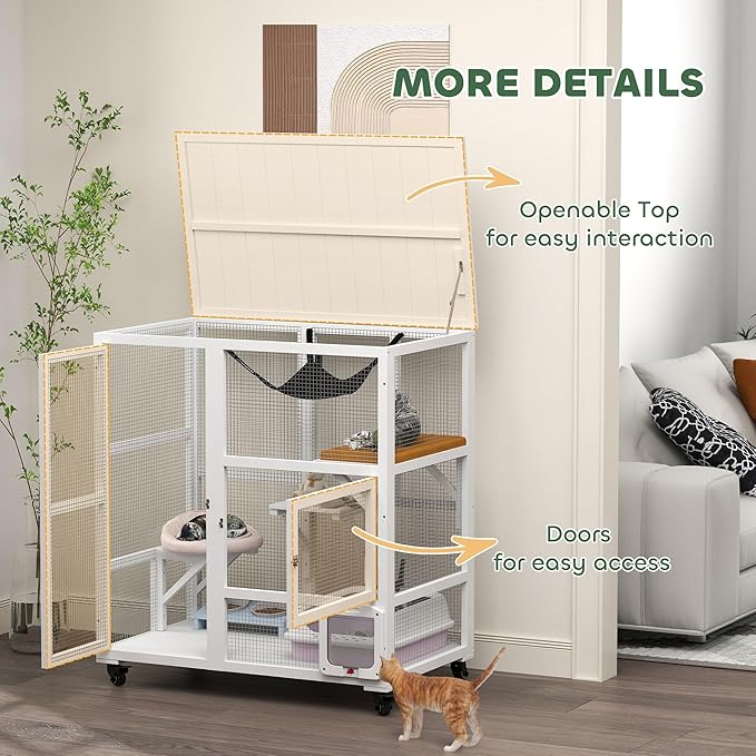 PawHut Indoor Wooden Catio, Cat House Cat Enclosure on Wheels with 3 Platforms, Hammock, Cat Flap Door & Openable Top, Luxury Kitty House for 2 Cats, 39", White