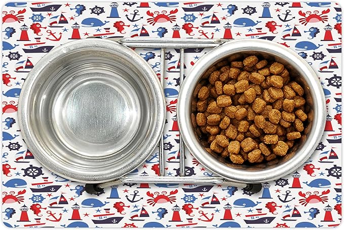 Lunarable Nautical Pet Mat for Food and Water, Steering Wheel Crab Cartoon Style Happy Fun Art Underwater World, Non-Slip Rubber Mat for Dogs and Cats, 18" X 12", Indigo Blue