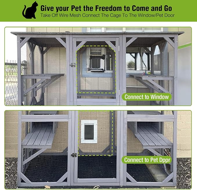 Gutinneen Catio Large Cat House Outdoor Walk in Outdoor Cat Enclosure Indoor Cage Kitty Condo Playpen with Door, Platform & Small House - 71"