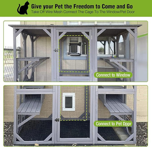 Gutinneen Catio Large Cat House Outdoor Walk in Outdoor Cat Enclosure Indoor Cage Kitty Condo Playpen with Door, Platform & Small House - 71"