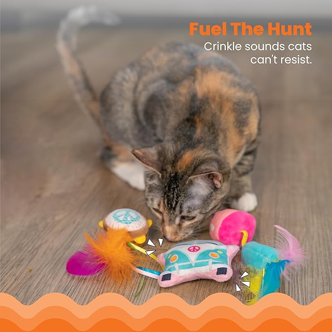 Catstages Festival 3 Pack Interactive Catnip Cat Toys with Crinkle Sounds, Flinger, & Feathers for Play, Batting & Chasing