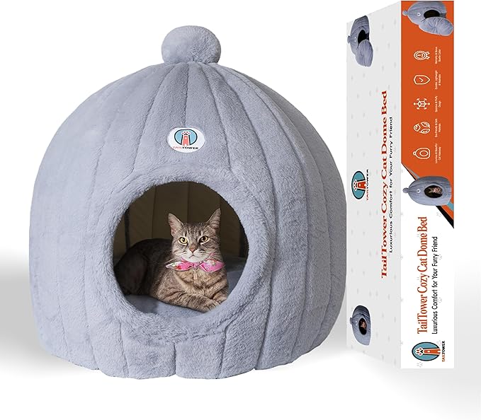 Extra Large Cat Cave Bed for Large Cats & Small Dogs – Plush Dome Hideaway with Removable Cushion – Spacious, Enclosed Cat House (24x23”, Light Gray)