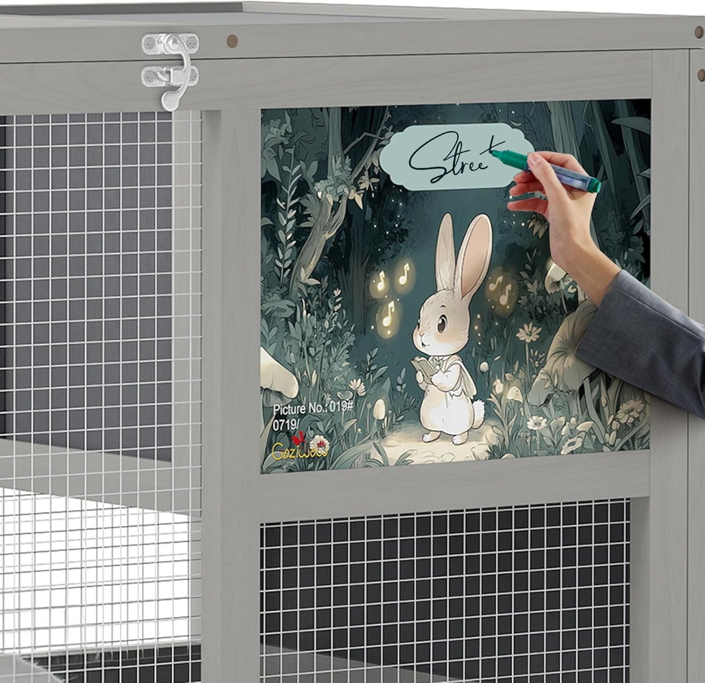 COZIWOW Fashionable Wood 36In Rabbit Hutch Indoor on Wheels Bunny Cage Outdoor Rabbit Cage with Clean Tray, Openable Roof, Anti-Slip Ramp for Small Bunny Rabbit (Grey with Pattern)