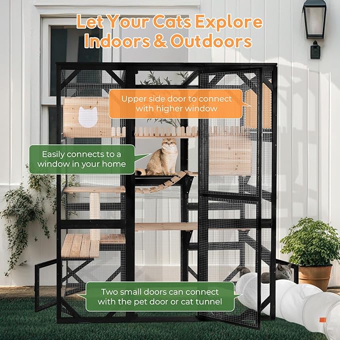 Catio Enclosure Outdoor Wooden Cat House for Multiple Cats Walk in Cage Window Access with Sunlight Friendly Weather-Proof PVC Roof