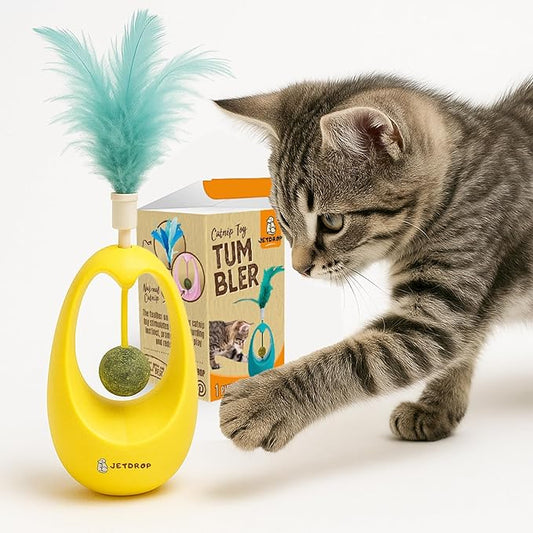 Cat Feather Toy - Interactive Self-Righting Wobble Tumbler with Catnip Ball for Indoor Cat Exercise and Entertainment - Silent Battery-Free - Perfect for Busy Owners (Yellow)