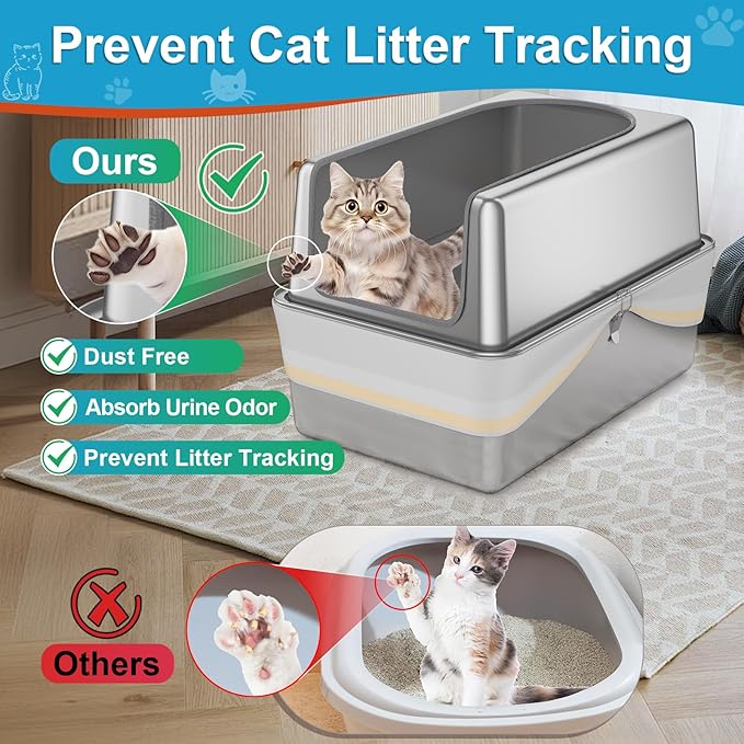 XXL All Stainless Steel Sifting Litter Box with Lid,Sifting Cat Litter Box for Wood Pine Pellets,16''High Sides Sifter Litter Pan System,Odor Control,Easy to Clean,with Liners and Scoop