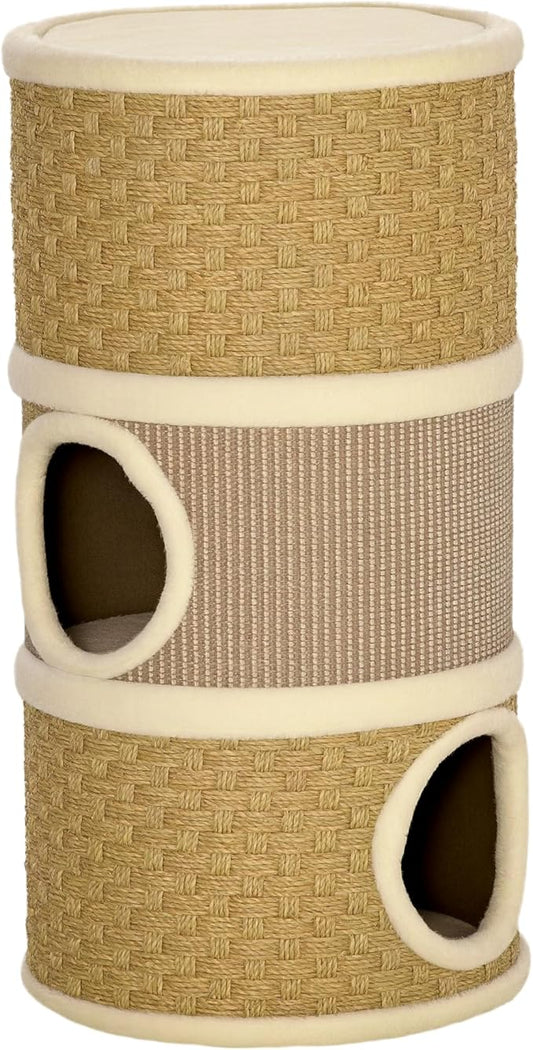 PawHut 28 Inch Cat Condo, 3 Story Cat Hideaway with Sisal Scratching Pad, Barrel Shaped Small Cat Tree for Indoor Cats, Khaki and Brown