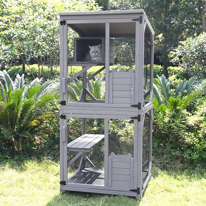 Aivituvin Cat House Outdoor Cat Catio Wooden Large Enclosure with Run on Wheels 70.9" Upgraded Version Catio with Reinforcement Strip,Waterproof Roof (Grey)