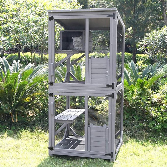 Aivituvin Cat House Outdoor Cat Catio Wooden Large Enclosure with Run on Wheels 70.9" Upgraded Version Catio with Reinforcement Strip,Waterproof Roof (Grey)