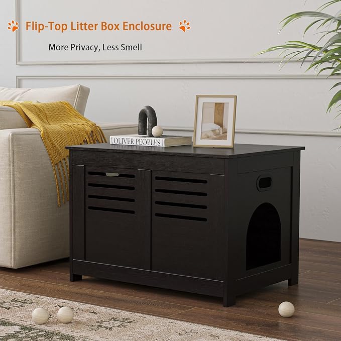 DINZI LVJ Litter Box Enclosure, Flip Top Litter Box Furniture, Good Ventilation, Hidden Cat Washroom, 27.6" L x 19.7" W x 19.7" H, Entrance Can Be on Left/Right, Wooden Cat House, Espresso