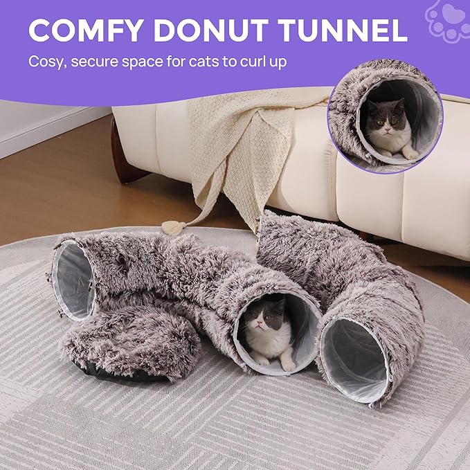 Plush Cat Tunnel Bed for Indoor Cats with Soft Cushion, Multi-Shape Play Cave with Hanging Balls, Large and Foldable Cat Donut Tunnel for Small and Large Pets (Brown)