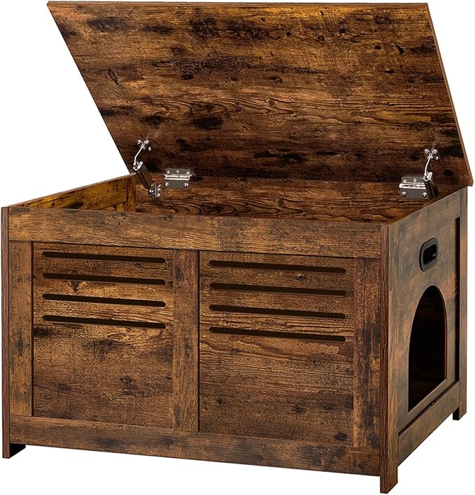DINZI LVJ Litter Box Enclosure, Flip Top Litter Box Furniture with Good Ventilation, Hidden Cat Washroom, 27.6" L x 19.7" W x 19.7" H, Entrance Can Be on Left or Right, Wooden Cat House, Rustic Brown