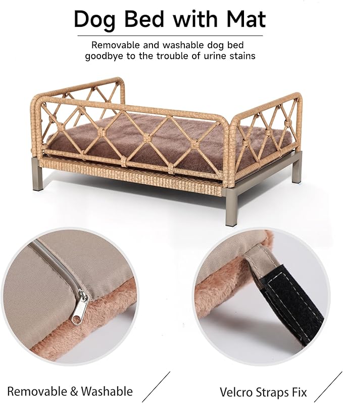 Dog Bed with Cushion, Cooling Elevated Raised Beds with Rattan Breathable Mesh and Universal Mat, Indoor & Outdoor Pet Cots for Small Dog, Brown