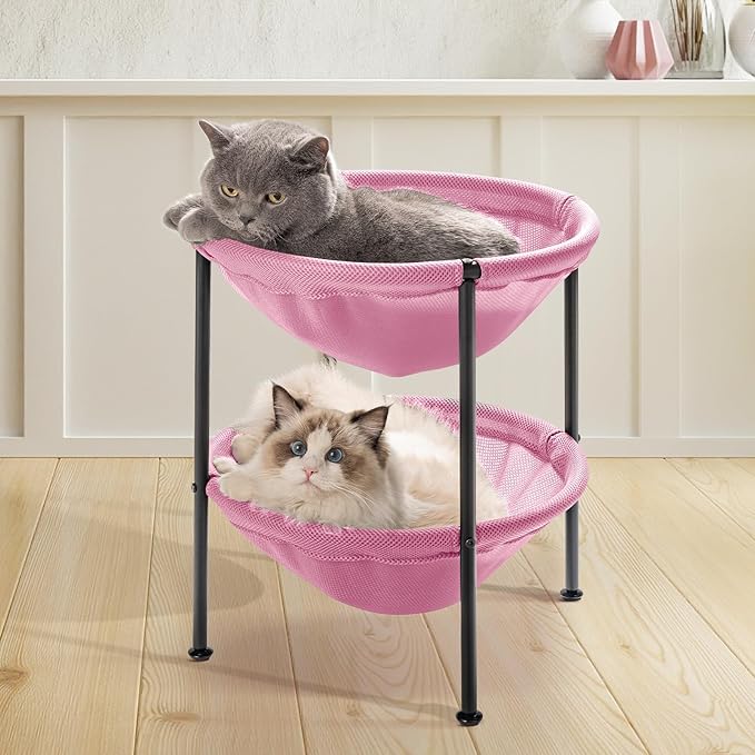 Double Cat Bed Pink, Breathable Pet Bed for 2 Cats with 4 Adjustable Feet & Anti-Slip Mats, Easy Assembly Cat Hammock for Multi-cat Household, Indoors & Outdoors, 22.8 in x18.7 in x 18.7 in