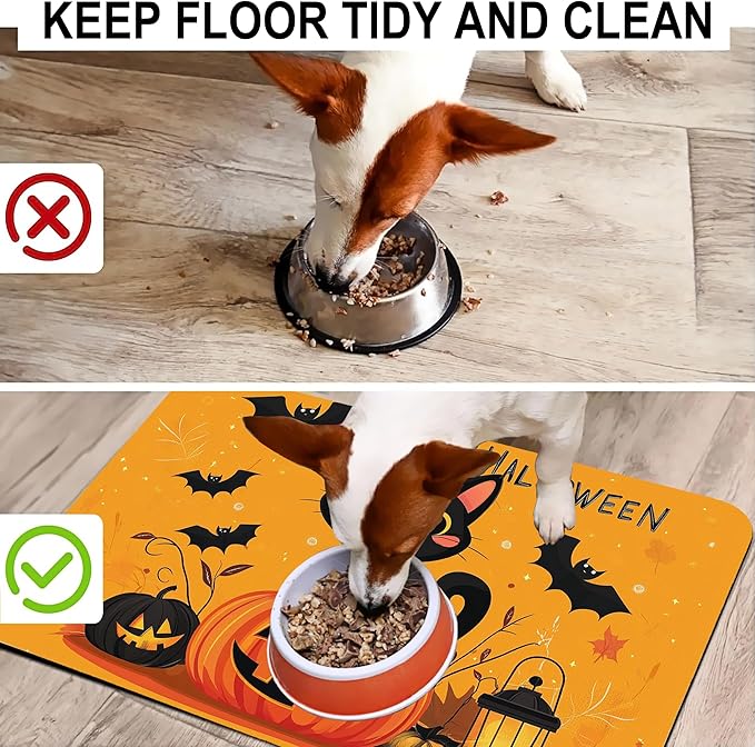 Happy Halloween Cat Pet Feeding Mat for Floors-Absorbent Dog Bowl Mat for Food and Water, Quick Dry Pet Cat Feeding Mats with Non Slip Bottom, Mess-Free Dog Accessories 16"x24"