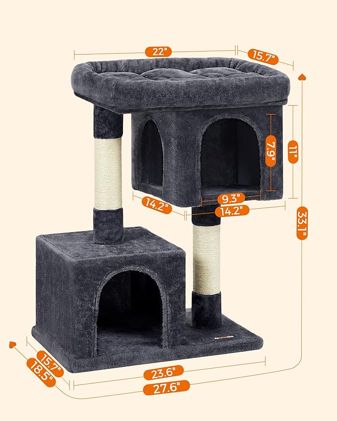 Feandrea Cat Tree, 33.1-Inch Cat Tower, L, Cat Condo for Large Cats up to 16 lb, Large Cat Perch, 2 Cat Caves, Scratching Post, Smoky Gray UPCT61G