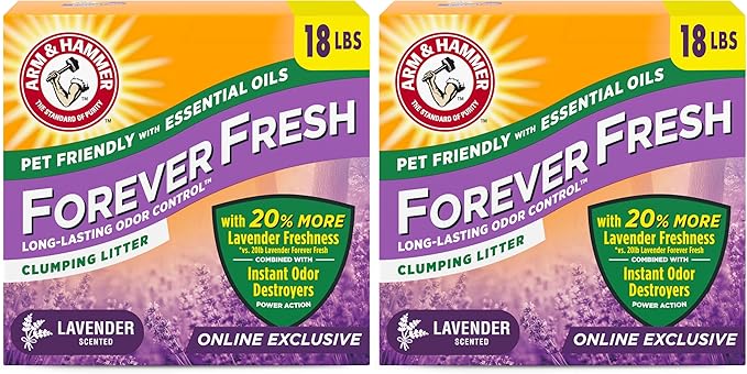 Arm & Hammer Forever Fresh Clumping Cat Litter Lavender, MultiCat 18lb with 20% More Lavender Freshness, Pet Friendly with Essential Oils (Pack of 2)