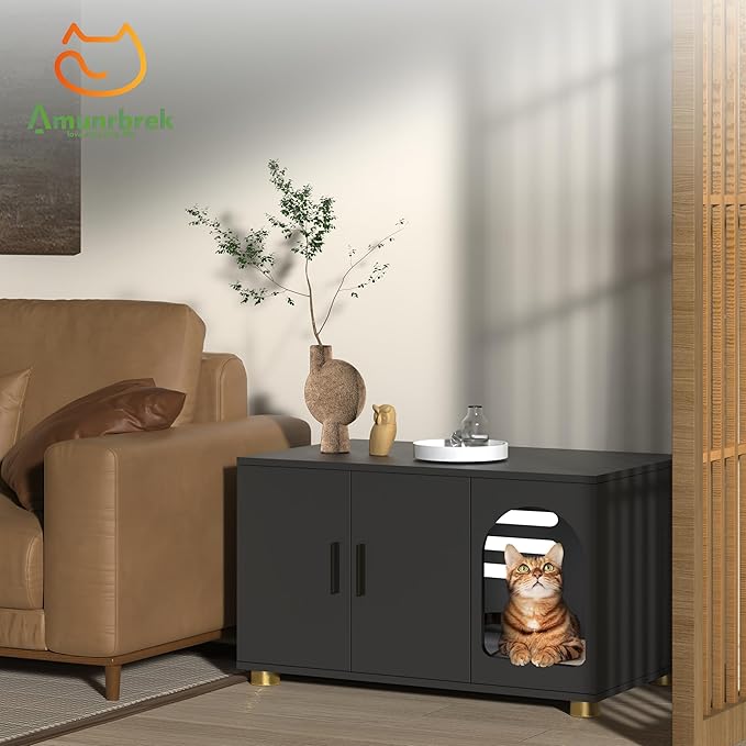 Cat Litter Box Enclosure Furniture, Modern Stackable Litter Box Cabinet with Cat Scratch Mat, Side Table (Black)