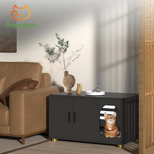 Cat Litter Box Enclosure Furniture, Modern Stackable Litter Box Cabinet with Cat Scratch Mat, Side Table (Black)
