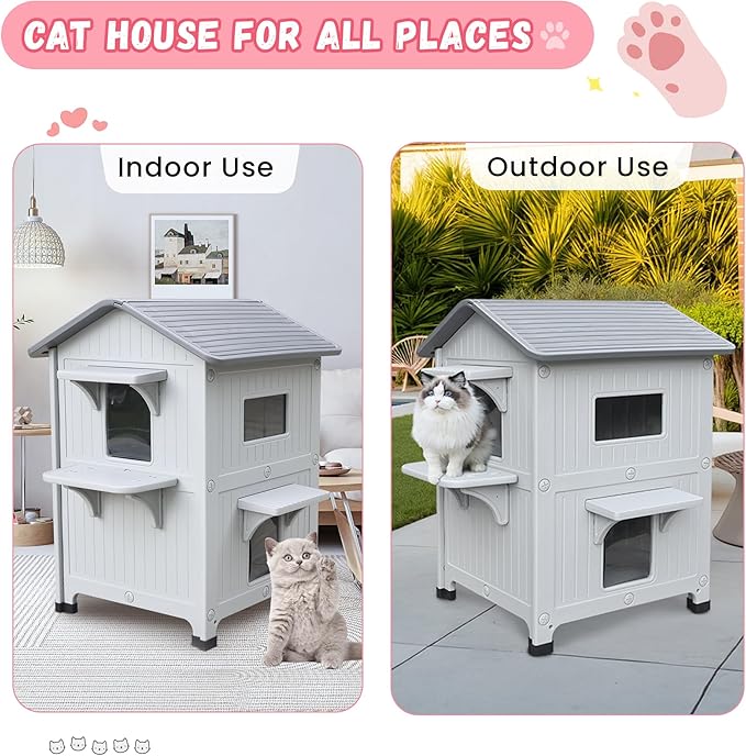 100% Insulated Outdoor Cat Houses for Winter, Waterproof 2 Story Outdoor Cat House with Insulated Liner, Outside Feral Cat Shelter for Outdoor Cats, Easy to Clean-Grey
