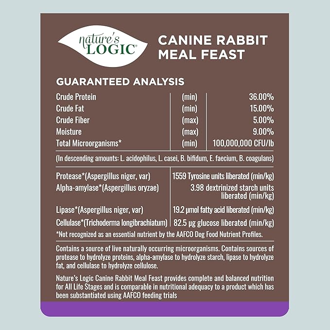 NATURE'S LOGIC Dry Dog Food - 100% Natural - No Synthetics - for All Ages, Sizes, Breeds - Free from Common Allergens, High Protein - Rabbit Meal Feast, 25lbs